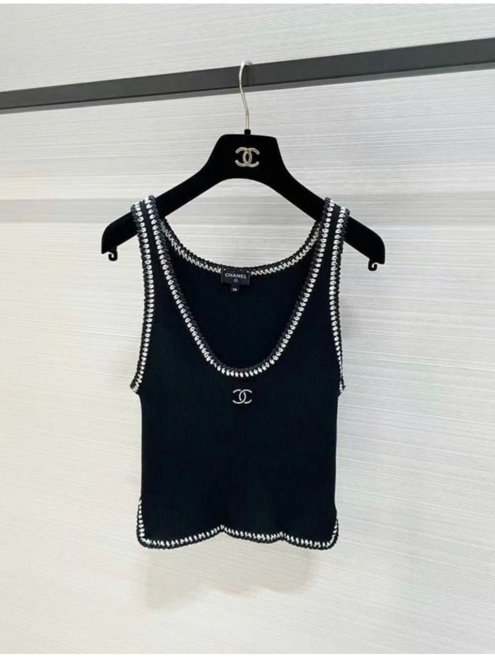 CHANEL Black Knit Top with White Braided Neckline